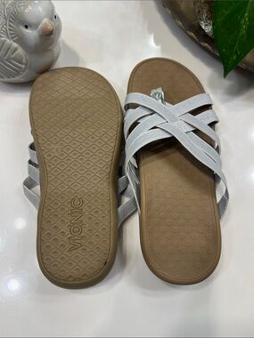 Vionic Silver Crisscross Slide Sandals with Tan Footbed